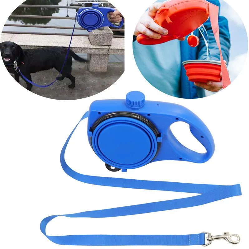 Dog lead with water bottle, 120cm plastic traction rope and 23cm bottle in blue, black or red