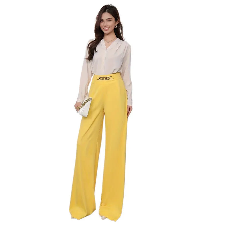 Solid colour drape wide leg pants for women in black, straight-leg style with micro elastic waist