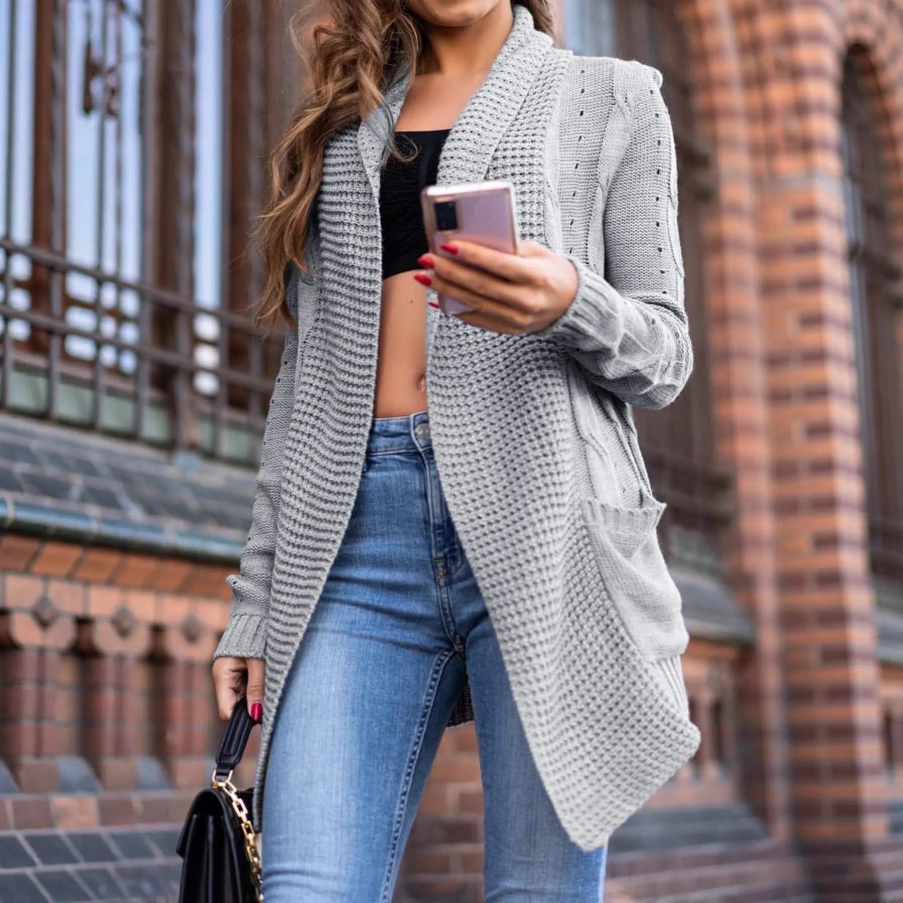 Women's grey thick viscose cardigan coat with pockets, medium length loose fit design