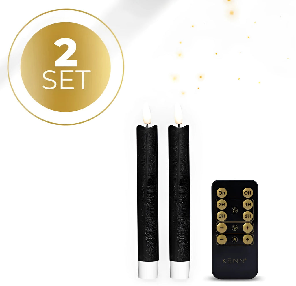 Four black plastic LED taper candles with a glowing 3D flame effect, standing upright.