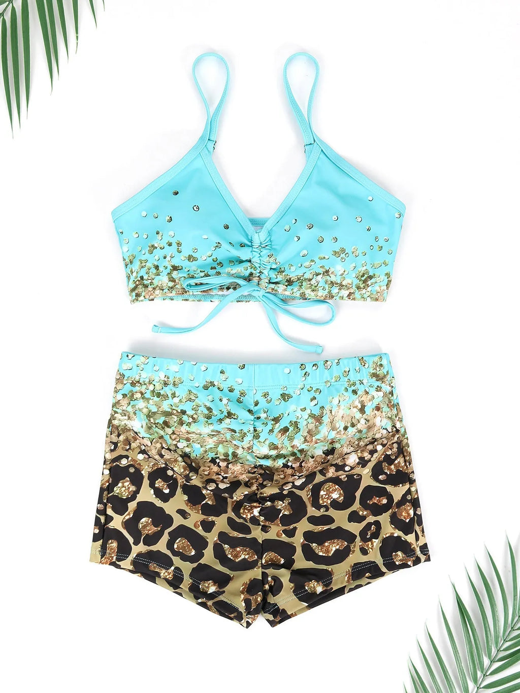 Women's three-piece swimsuit set showing sleeveless top, high-waisted shorts, and matching coat in polyester fabric
