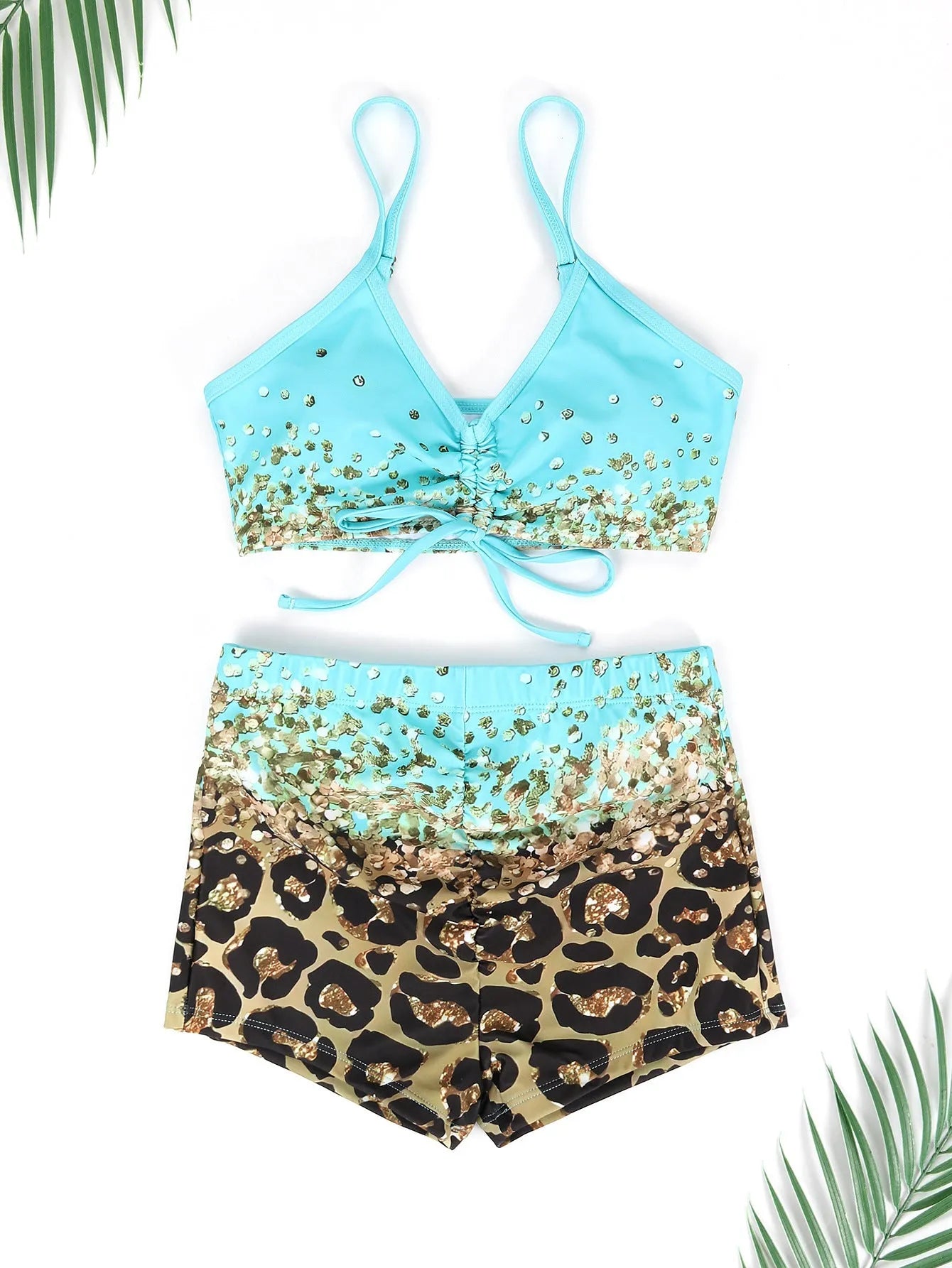 Women's three-piece swimsuit set showing sleeveless top, high-waisted shorts, and matching coat in polyester fabric