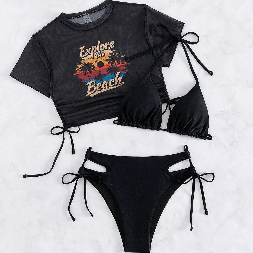 Women's three-piece bikini swimsuit set with short-sleeved top in nylon and spandex.