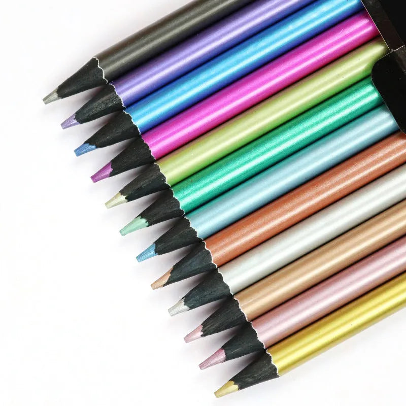 12-Color Metallic Colored Pencils Set in Box Wooden 2B Lead Art Drawing Pencils