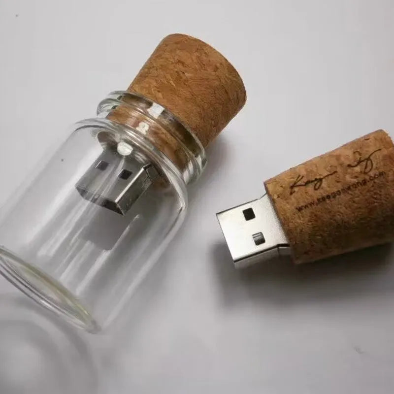 Wooden wish drift bottle USB disk with transparent finish showing internal components, 60x28mm size