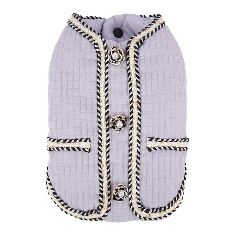 Cartoon-style quilted dog coat in light purple, sized for a medium dog.