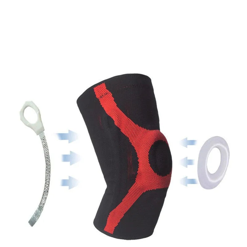 Silicone knitted non-slip sports knee pads in red and grey colours, shown in S, M, L, XL sizes.