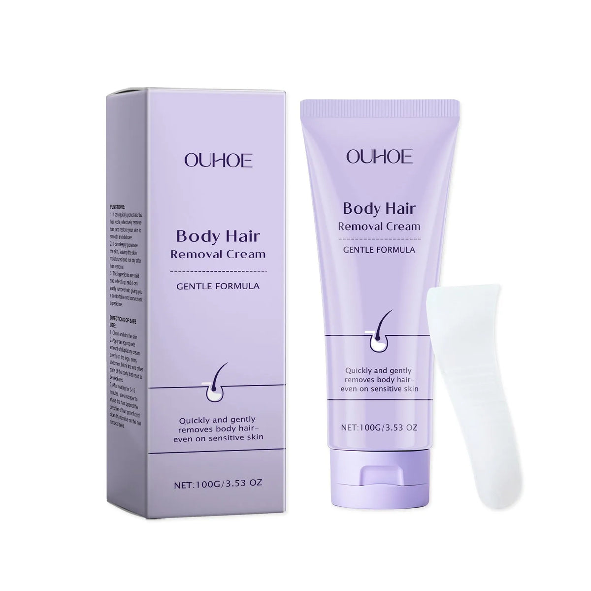 Ouhoe Gentle Body Depilatory Cream 100g tube for body hair removal with scraper included in the pack