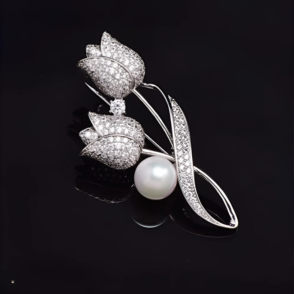 Silver tulip colour flower brooch with micro-inlaid zircon detailing on alloy base
