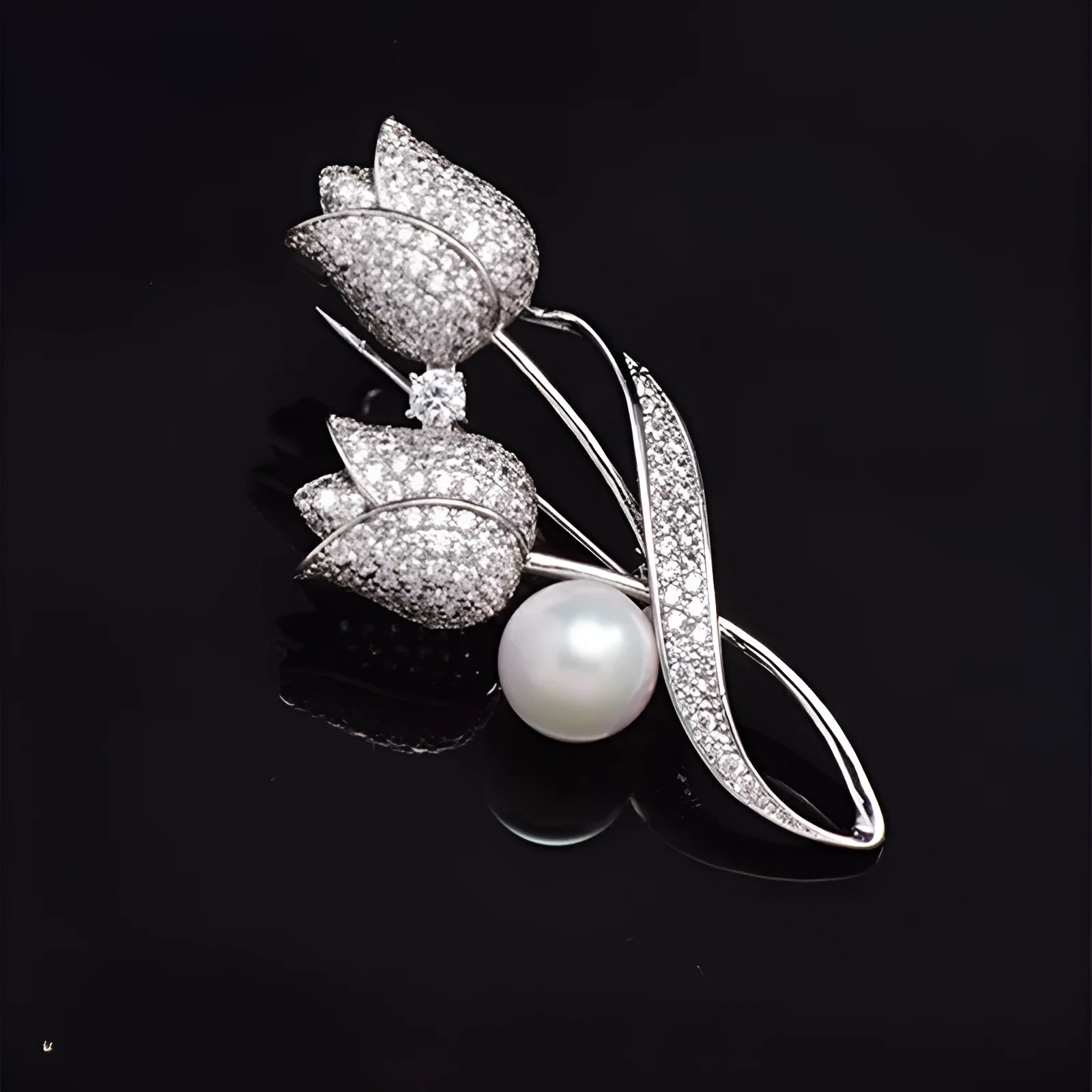Silver tulip colour flower brooch with micro-inlaid zircon detailing on alloy base