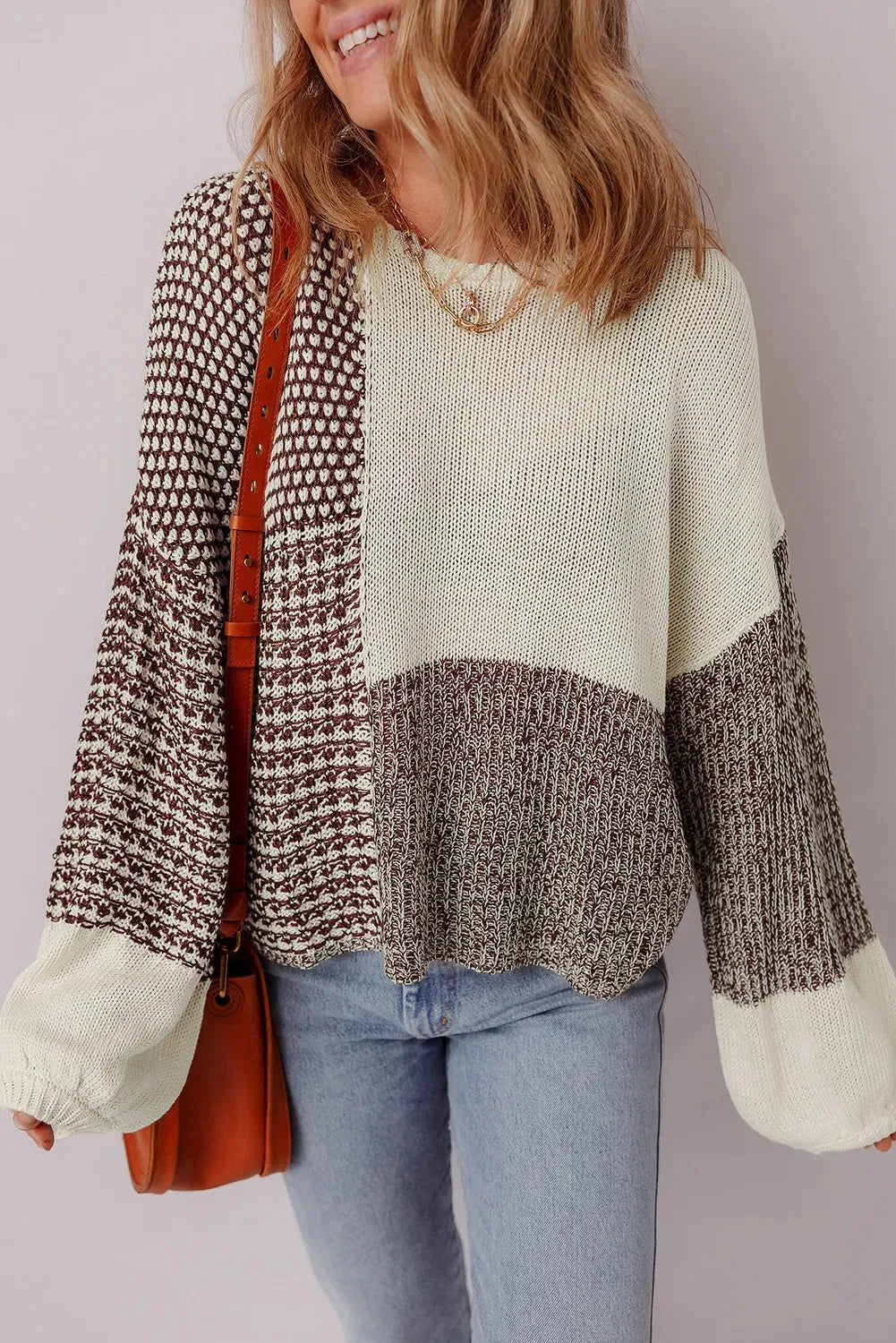 Dark khaki colour block women's loose sweater with drop shoulders and a back tie fastening.