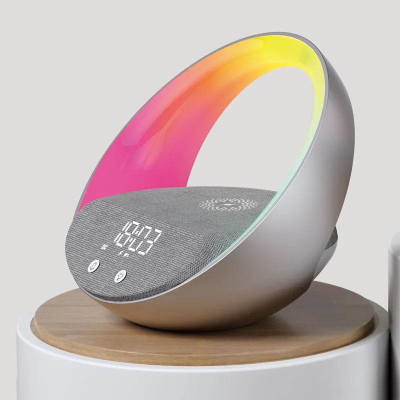 Beige or grey multifunctional Bluetooth speaker clock with wireless charging pad and digital display
