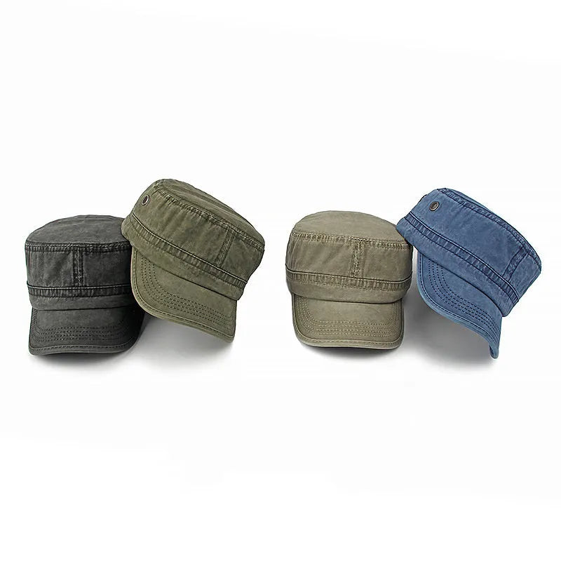 Flat top military cap in cotton fabric with adjustable sizing