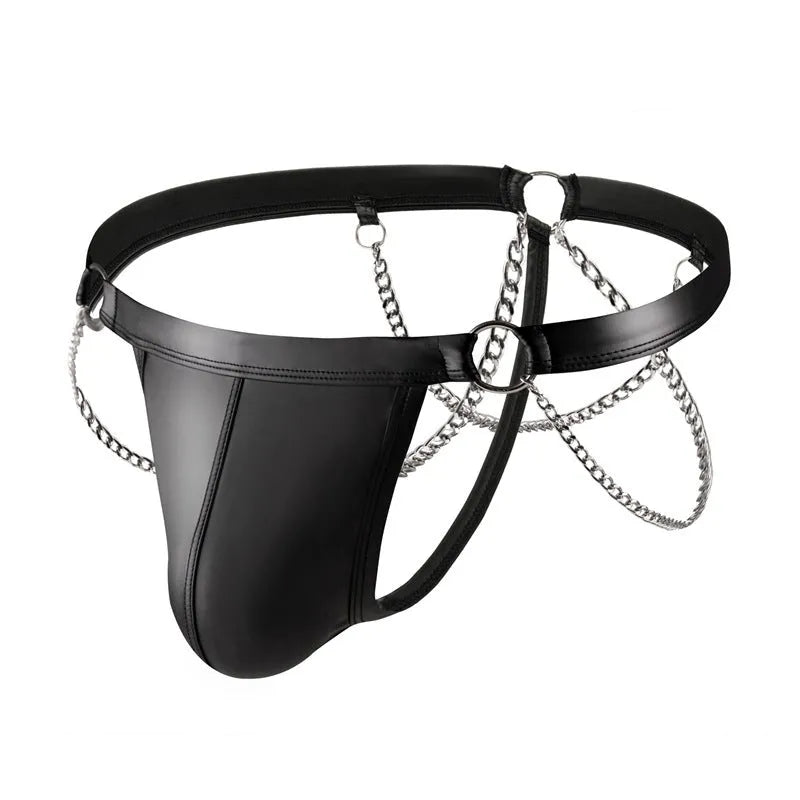 Black patent leather men's thong shorts with a metal chain pack detail on the front.