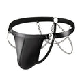 Black patent leather men's thong shorts with a metal chain pack detail on the front.