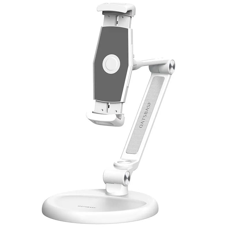Foldable lifting bracket for mobile phone and tablet in White Extended on a desk
