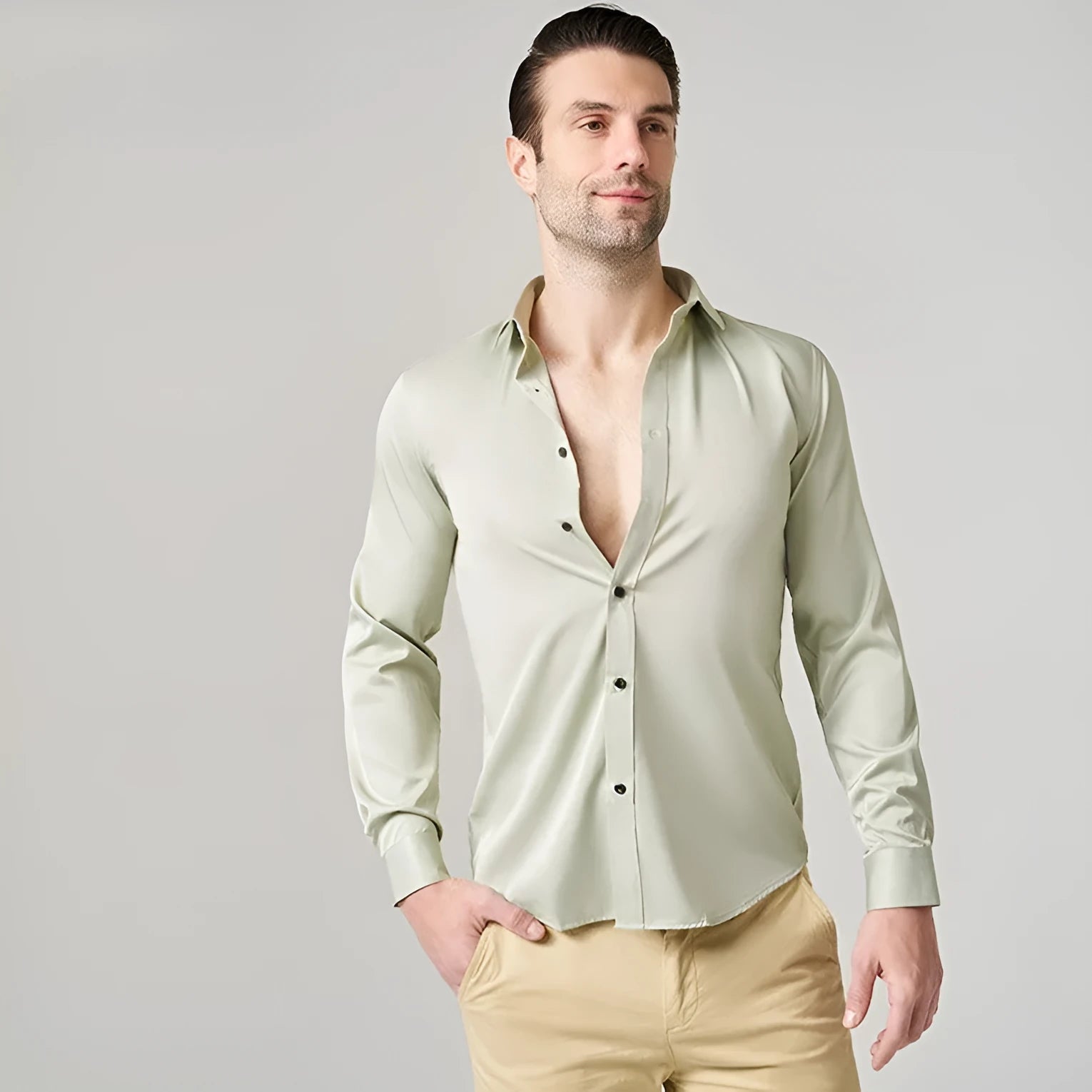 Men's long sleeve work shirt in stretch polyester fabric shown in a variety of colours.