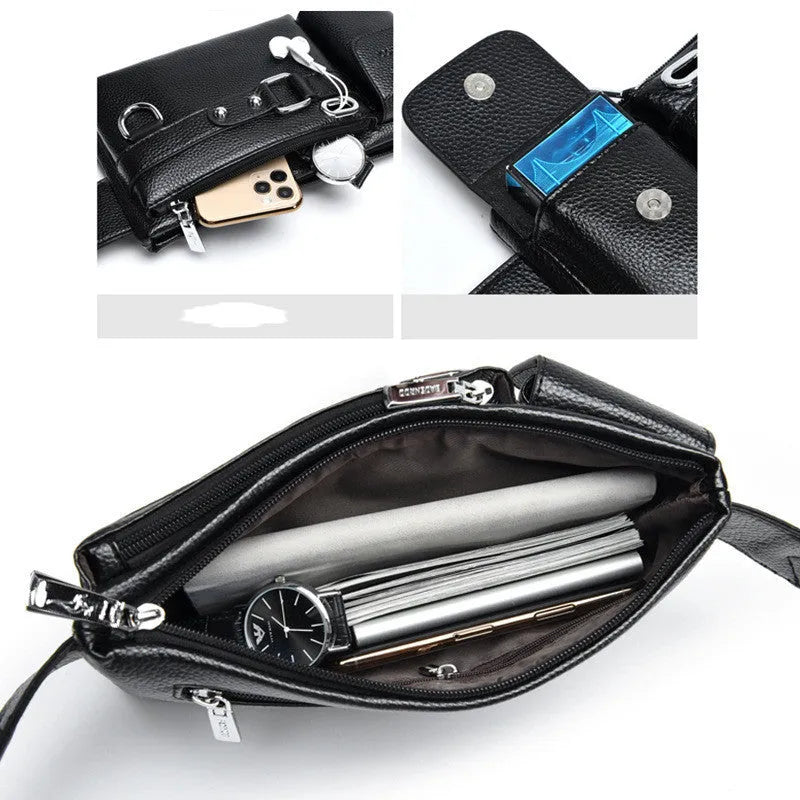 Men's leather waist bag, first layer cowhide, 27cm wide, black, with zipper and buckle closure.