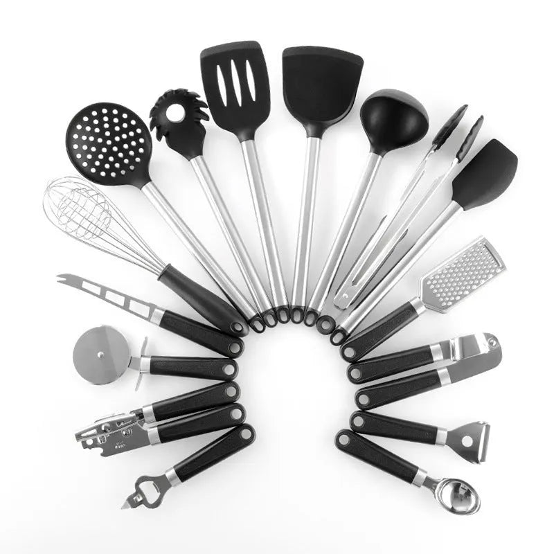 Black silicone and stainless steel kitchen utensil set with 16 pieces for cooking tasks