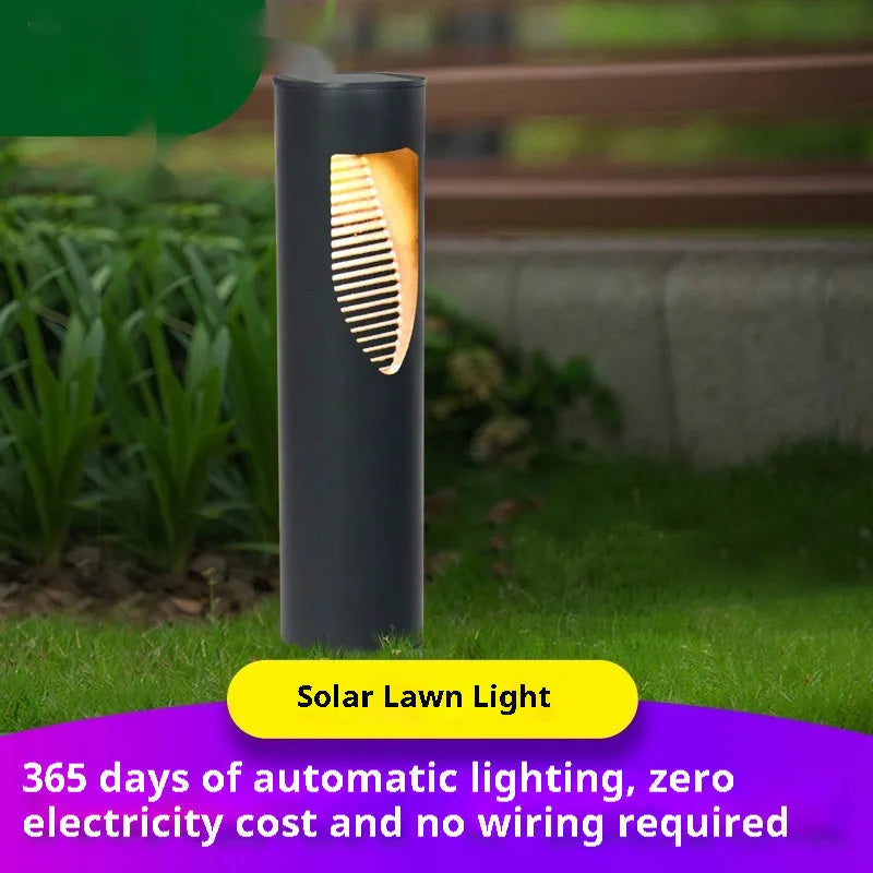 Black geometric abstract art solar garden light for outdoor decorative use.