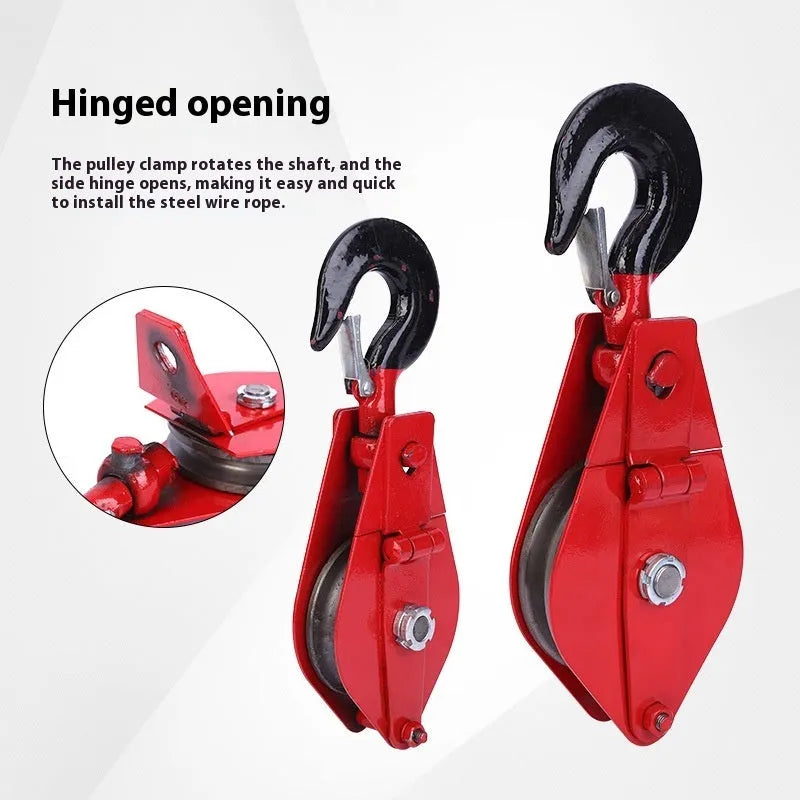 Red or galvanised industrial steel lifting pulley with a forged hook and safety latch.