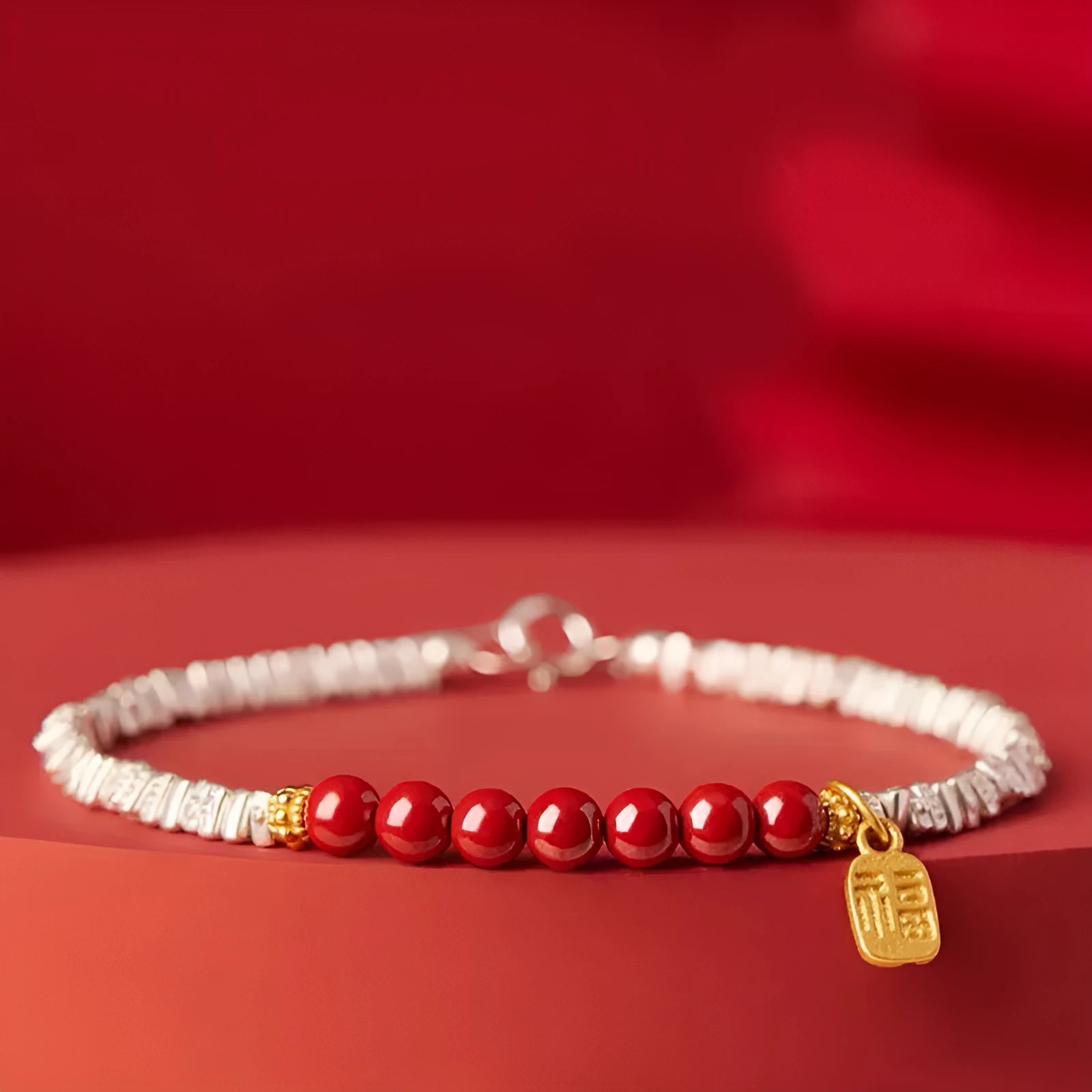 Electroplated silver couple bracelet with geometric beads on copper, 16 cm length in white K colour