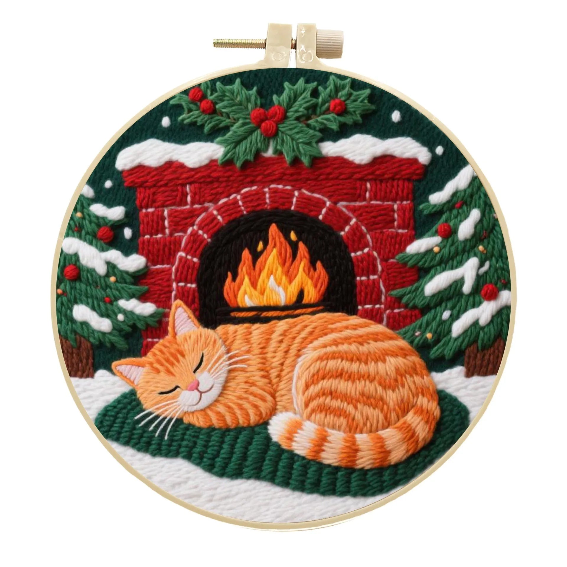 Cat embroidery DIY kit showing cotton linen fabric with autumn fruit pattern, a 20cm imitation bamboo hoop, and scissors.