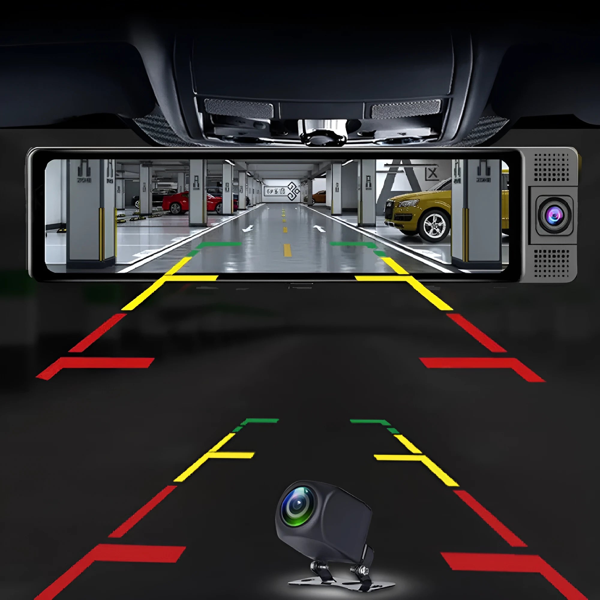 12-inch car dash cam with touch screen and rear reversing camera mounted in vehicle