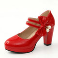 Women's platform high heel shoes with chunky heel and round toe in red colour