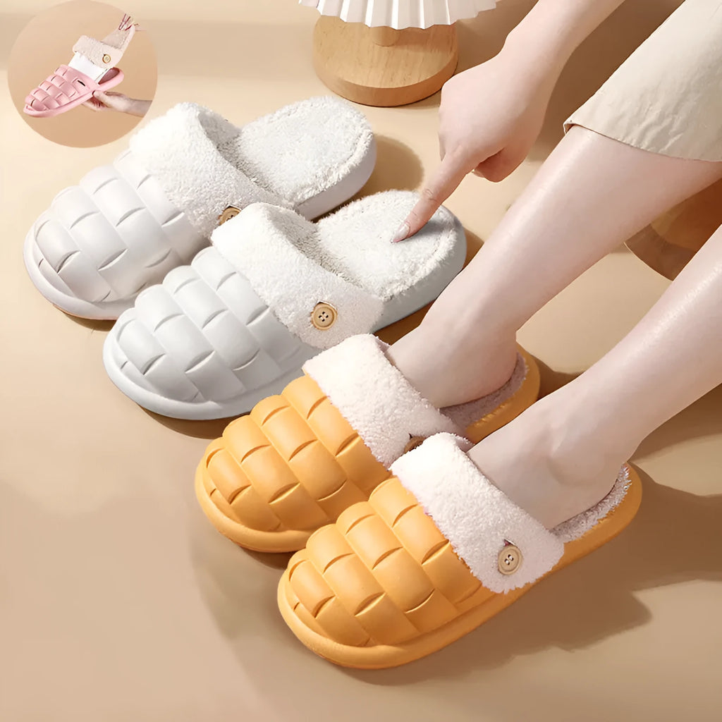 Plaid pattern detachable EVA slippers with plush lining and a textured nonslip sole.