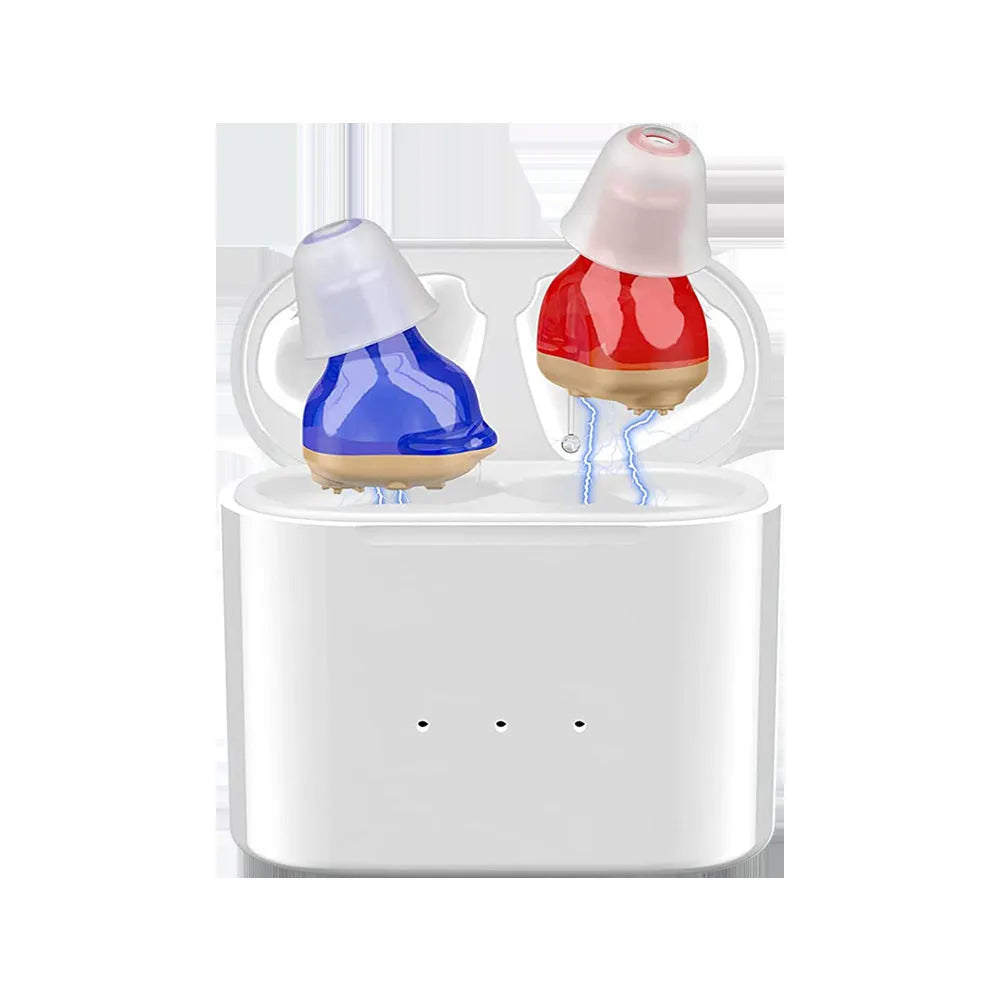 TWS G19 sound amplifier in Red Blue colour with charging silo, silicone ear tips, wireless charging action.