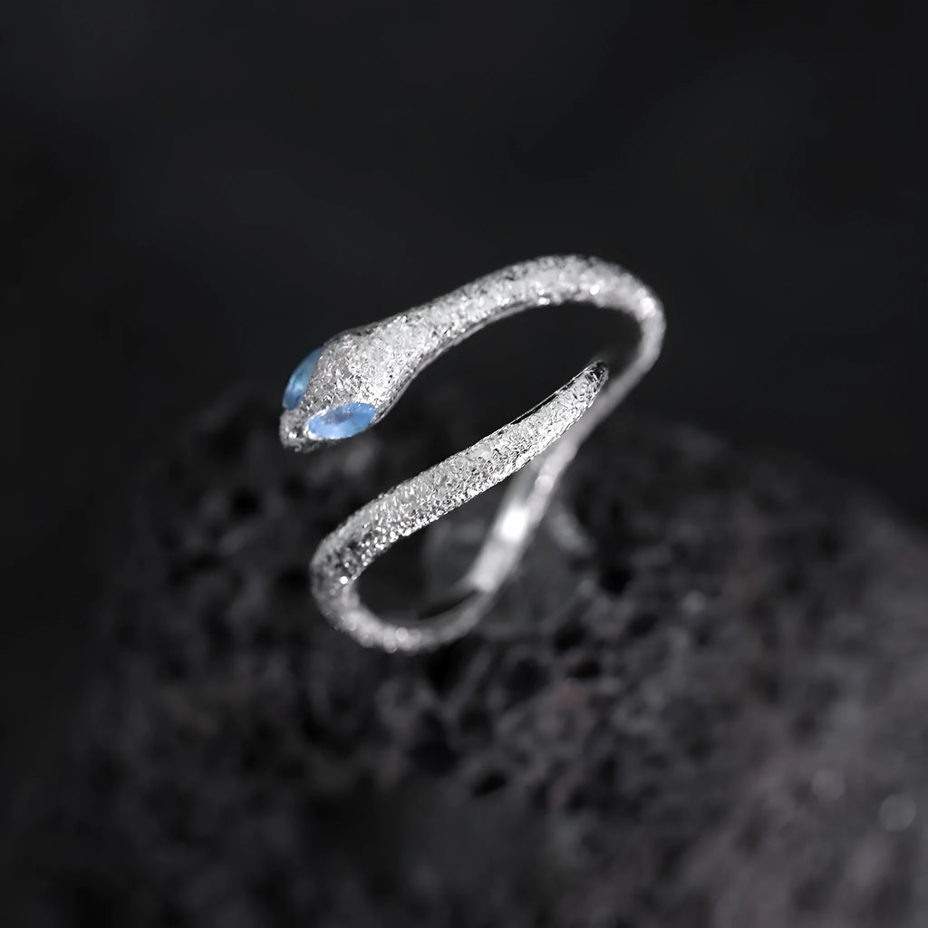 Adjustable opening silver snake ring with electroplated platinum colour finish, animal zodiac design