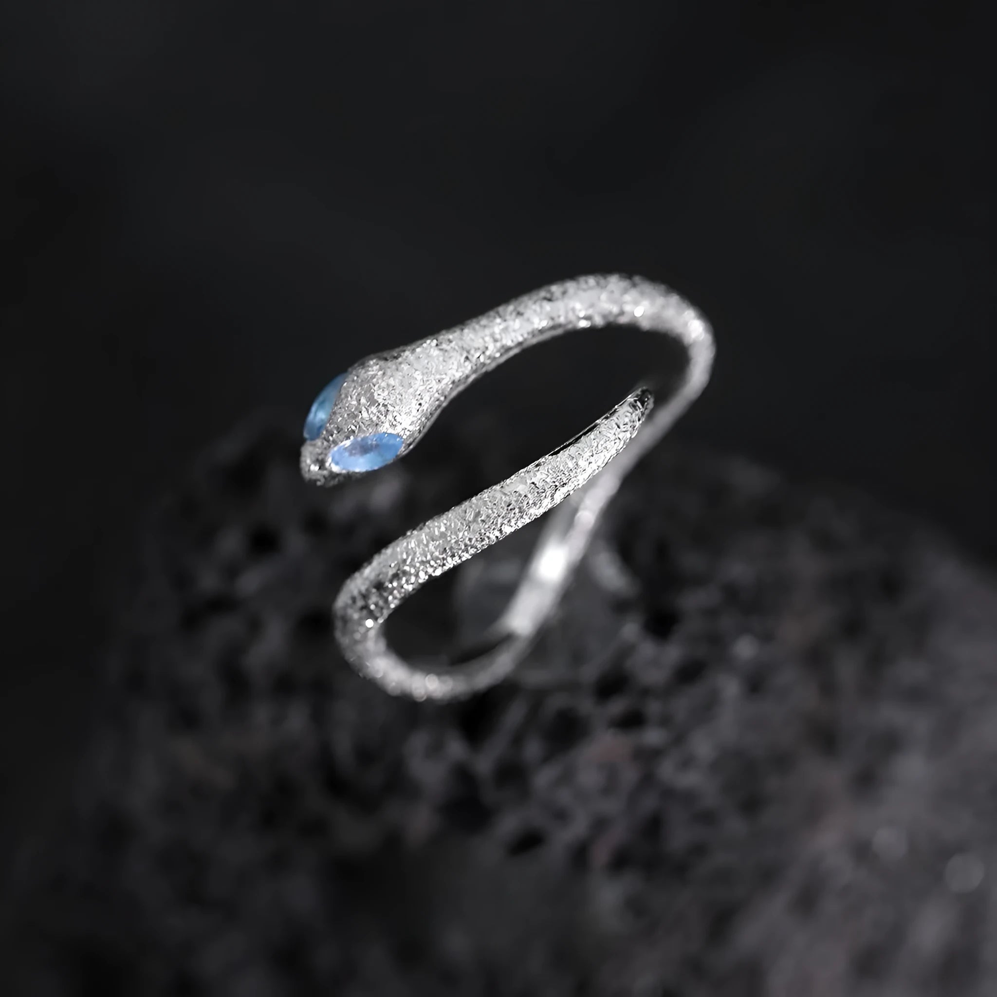 Adjustable opening silver snake ring with electroplated platinum colour finish, animal zodiac design
