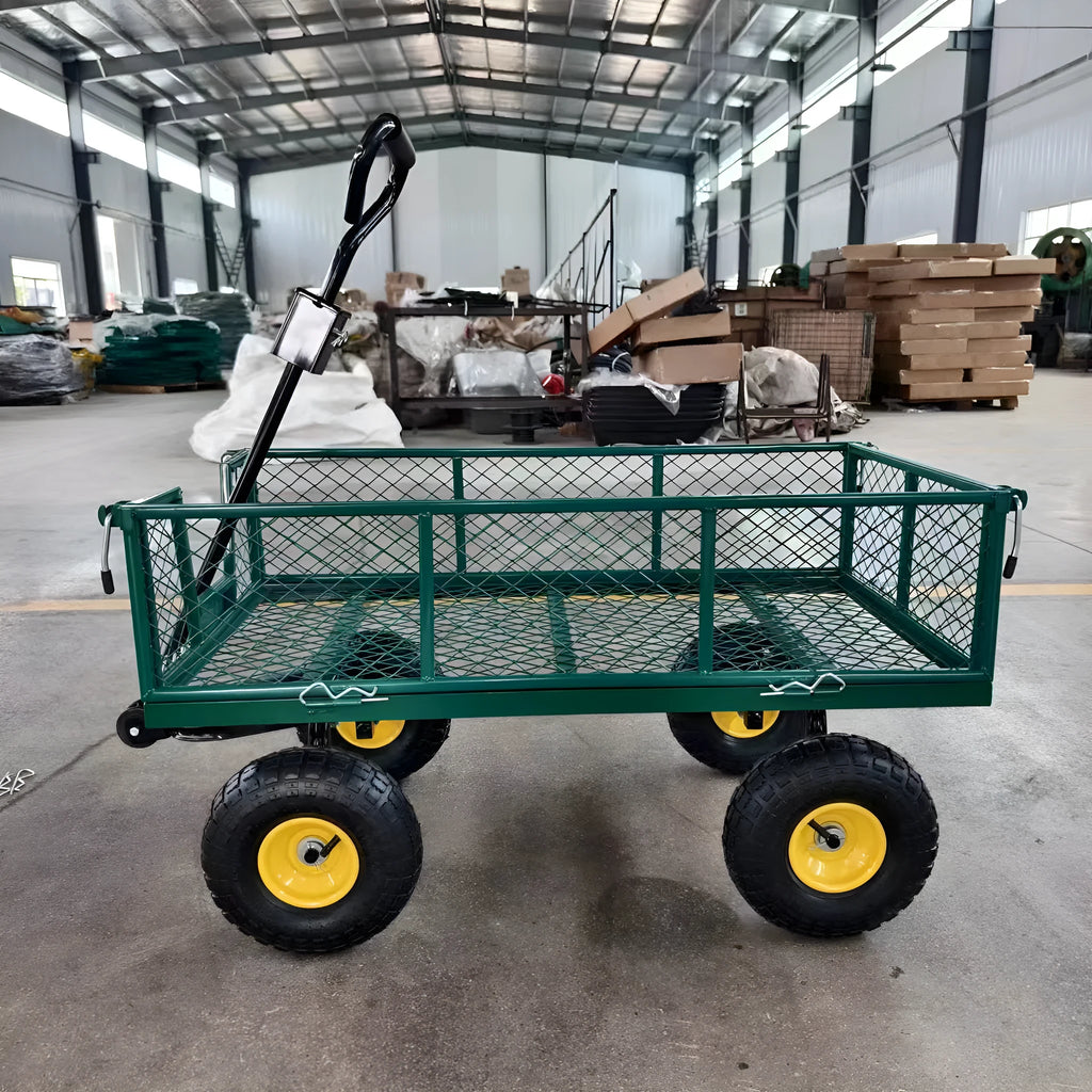 Green four wheel hand push net cart with iron frame and terrain rubber wheels, 350kg capacity