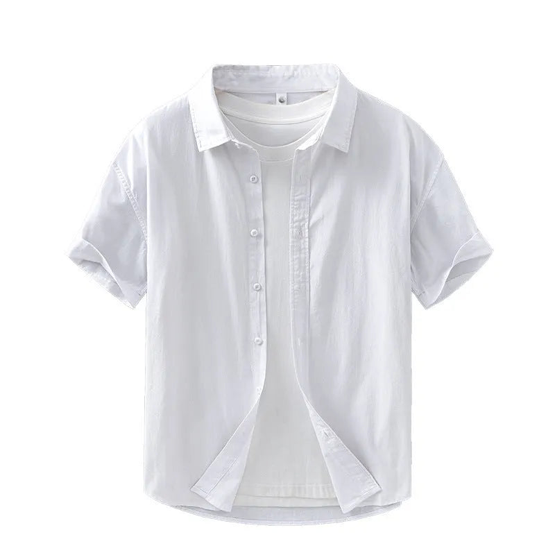 Summer mens casual short-sleeved cotton shirt in loose cardigan style fit