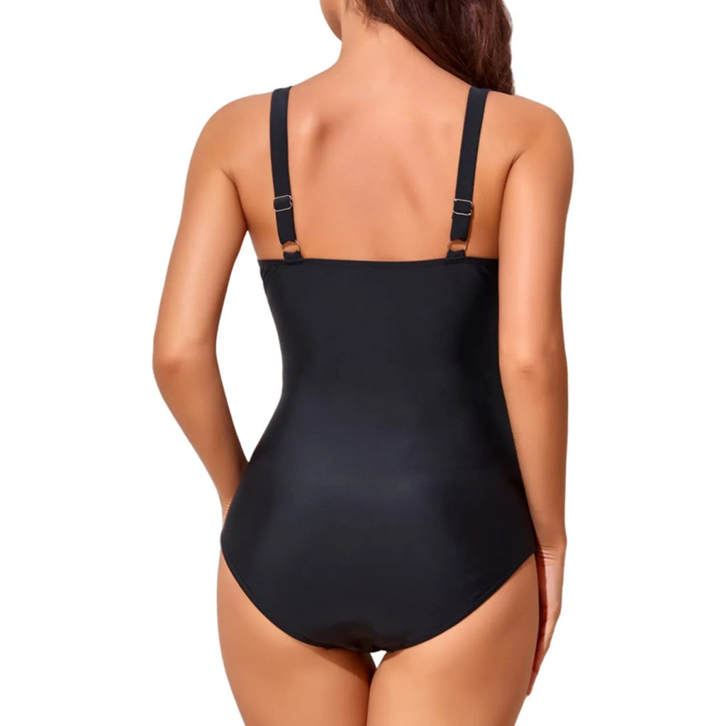 Women's deep V cross pleated backless one-piece swimsuit in solid colour