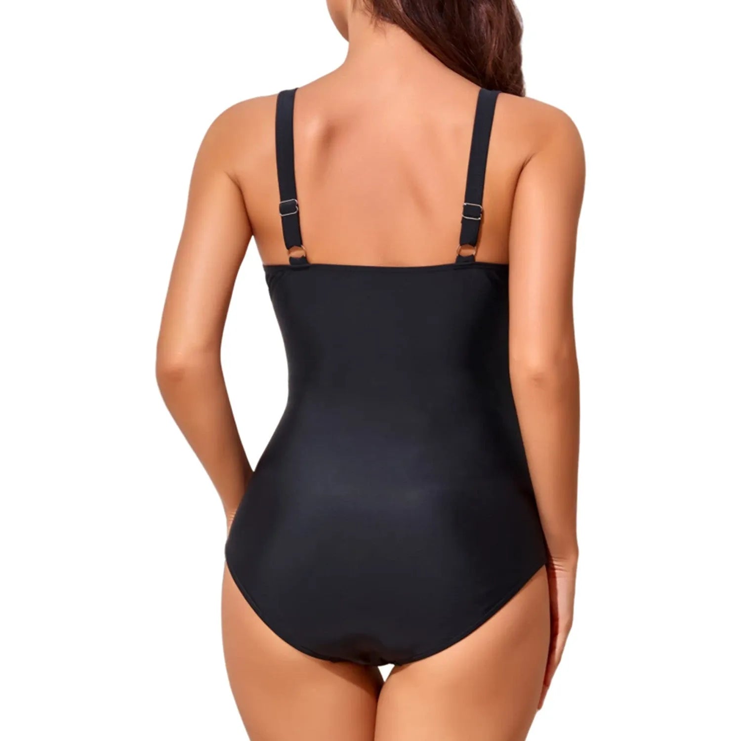 Women's deep V cross pleated backless one-piece swimsuit in solid colour