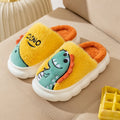 A pair of plush cotton couple slippers with dinosaur print in coffee, grey, or orange.
