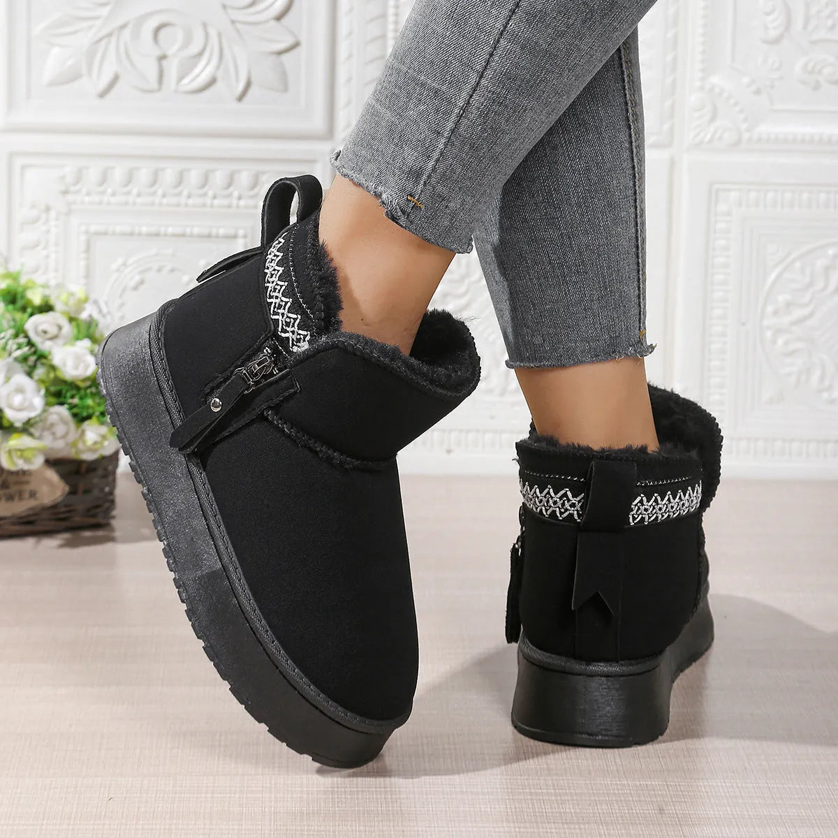 Side zipper thick sole height increasing snow boots for women in cow suede leather, black brown khaki colours