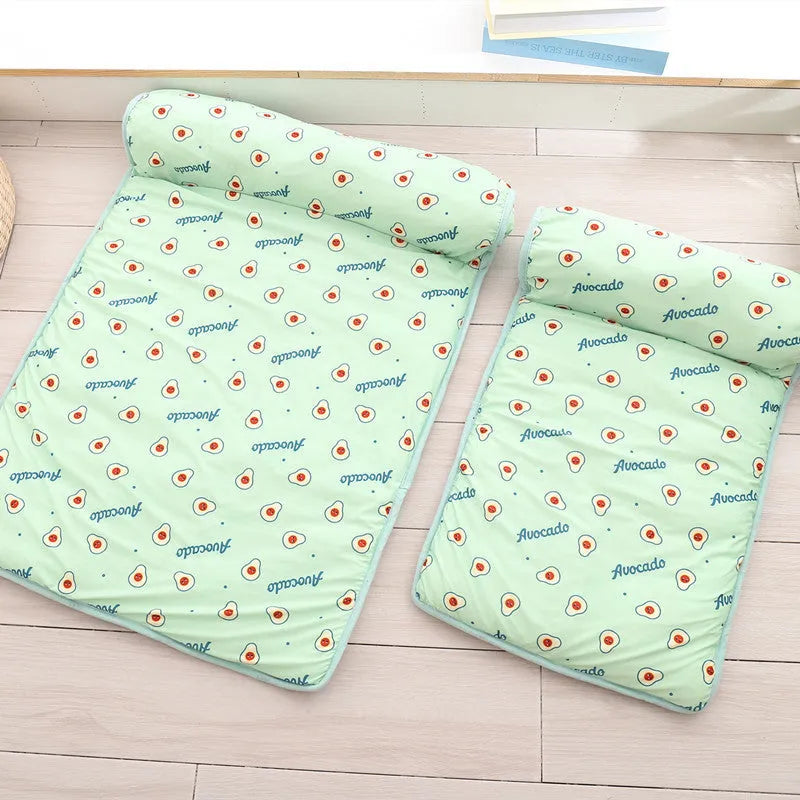 Ice silk cooling pet mat with pillow, non-slip bottom, in pink cherry, blue banana, or green avocado.