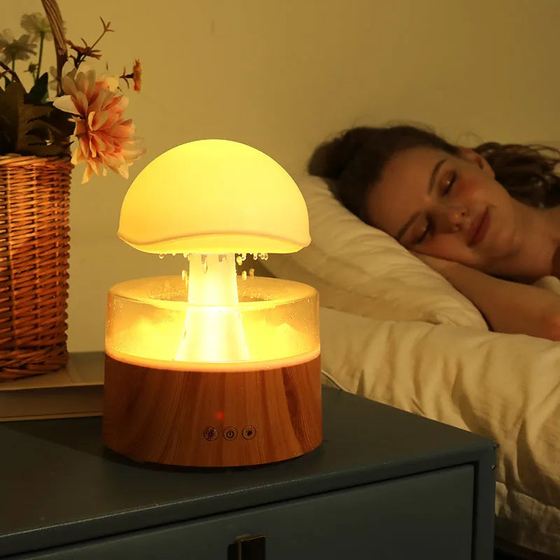 White rain cloud shaped humidifier with LED lighting and aromatherapy functions