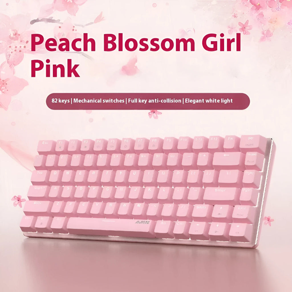 Pink mechanical gaming keyboard with 82 keys, white backlight, and metal construction on desk