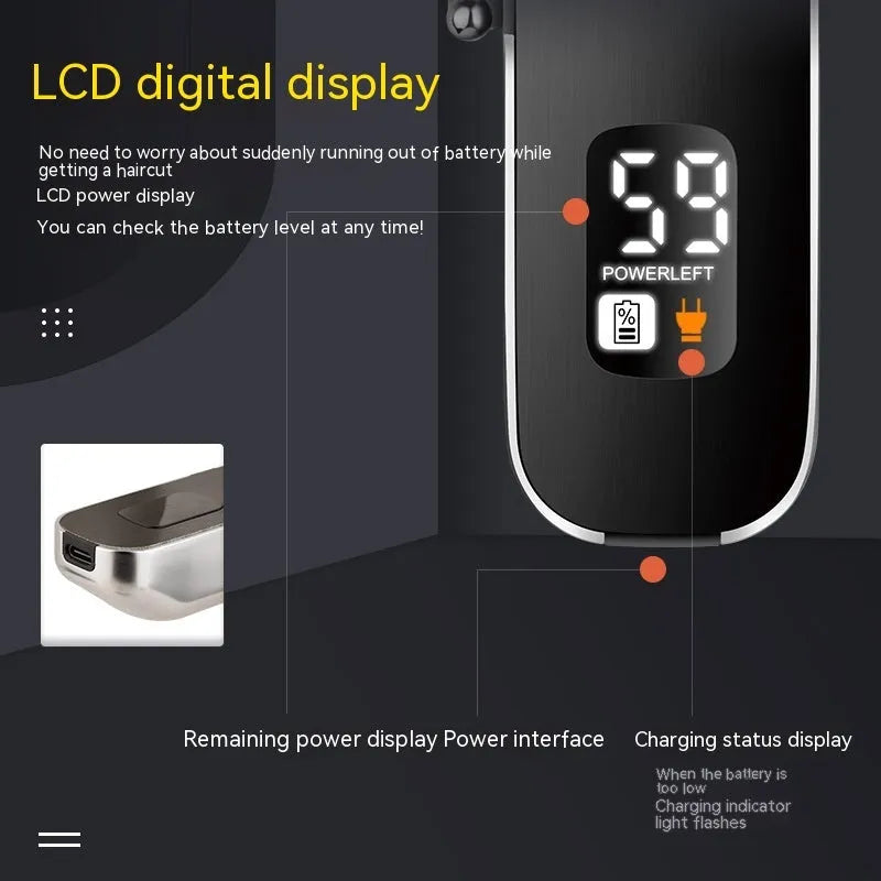 USB rechargeable electric hair clipper with digital display and double cutter head including T-shaped blade and carving cutter
