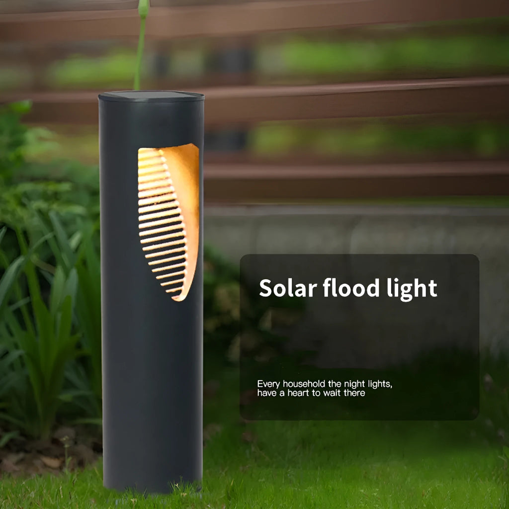 Black geometric abstract art solar garden light for outdoor decorative use.