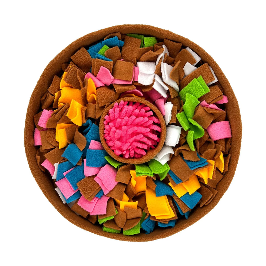 Brown polyester pet smell puzzle mat on floor, with dry treats hidden in folds for nose work