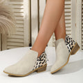 Beige leopard print suede women's ankle boots with pointed toe, chunky heel, and back zipper