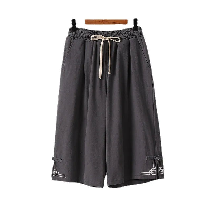 Cotton wide-leg linen leisure shorts with elastic mid waist and embroidery detail