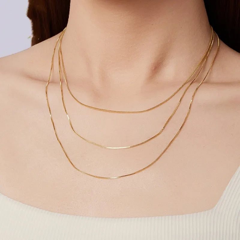 S925 sterling silver box chain necklace in gold or silver, shown in 40cm, 45cm and 50cm lengths