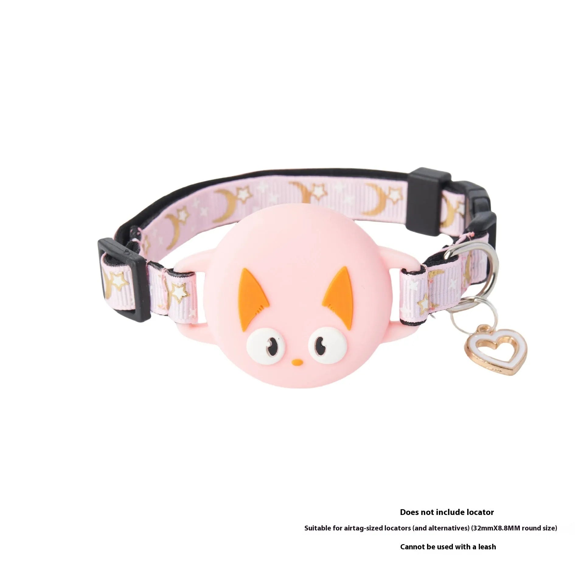 Pink plastic AirTag protective case clipped to a black cat collar, showing the snap-shut lid.