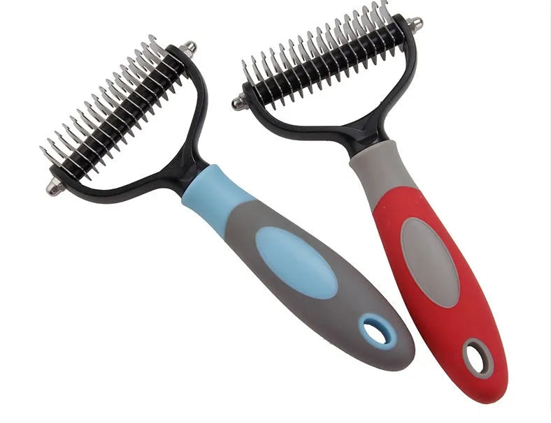 Stainless steel pet dematting comb for dogs and cats, dual-sided grooming tool in blue or red, large or small